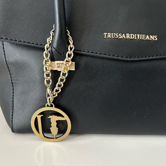 NWT Trussardi Black Satchel Shoulder Strap Gold Hardware Logo Bag Charm pockets - Picture 8 of 13